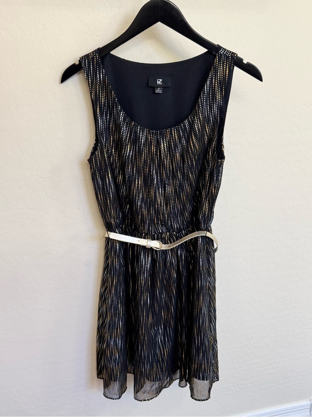 IZ Byer Belted Black & Gold Metallic Shimmer Sleeveless Party Dress Size Medium
